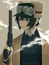 Rule 34 | 1girl, black hair, black jacket, brown coat, closed mouth, coat, collared shirt, expressionless, goggles, goggles on headwear, green eyes, gun, hand up, handgun, hat, highres, holding, holding gun, holding weapon, jacket, kino (kino no tabi), kino no tabi, long sleeves, looking to the side, open clothes, open coat, revolver, shirt, short hair, simple background, smoke, smoke trail, smoking gun, solo, trigger discipline, upper body, weapon, white shirt, yamori no o