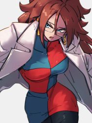 Rule 34 | 1girl, android 21, blue eyes, breasts, brown hair, checkered clothes, checkered dress, dragon ball, dragon ball fighterz, dress, earrings, glasses, grey background, hair between eyes, hoop earrings, jewelry, kemachiku, lab coat, large breasts, long hair, looking to the side, narrow waist, open mouth, pantyhose, simple background, solo