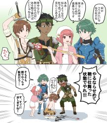 Rule 34 | 1girl, 3boys, alm (fire emblem), armor, black hair, blood, brown eyes, brown hair, circlet, dark-skinned male, dark skin, closed eyes, fire emblem, fire emblem echoes: shadows of valentia, fire emblem fates, fire emblem heroes, gray (fire emblem), green eyes, green hair, headband, holding, holding staff, holding sword, holding weapon, multiple boys, nintendo, open mouth, parted lips, pink eyes, pink hair, saku (soreca49), sakura (fire emblem), short hair, short sleeves, staff, sword, tobin (fire emblem), towel, towel on head, translation request, weapon