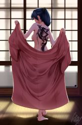 Rule 34 | 1girl, artist logo, back tattoo, bird, black hair, breasts, commentary request, from behind, full body, highres, houshou (kancolle), japanese clothes, kantai collection, kimono, long hair, open clothes, open kimono, phoenix, pink kimono, ponytail, sideboob, solo, standing, tadokoro nurikabe, tatami, tattoo, topless, window