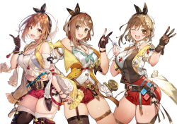 Rule 34 | 3girls, atelier (series), atelier ryza, atelier ryza 2, atelier ryza 3, blush, braid, breasts, brown eyes, brown hair, cleavage, gloves, hair ornament, hairclip, hat, highres, jewelry, large breasts, multiple girls, necklace, open mouth, red shorts, reisalin stout, short hair, short shorts, shorts, smile, thick thighs, thighhighs, thighs, toridamono, white headwear