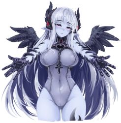 Rule 34 | 1girl, barbariank, bare shoulders, black wings, blue skin, blush, breasts, chain, colored skin, commentary, covered navel, cowboy shot, cross, dark valkyrie (monster girl encyclopedia), english commentary, fallen angel, feather hair ornament, feathered wings, feathers, gauntlets, gluteal fold, groin, hair ornament, head tilt, highleg, highleg leotard, horns, incoming hug, large breasts, leg tattoo, leotard, long hair, monster girl encyclopedia, monster girl encyclopedia ii, nose blush, outstretched arms, pale skin, pointy ears, purple eyes, silver hair, simple background, smile, solo, tattoo, very long hair, white background, wings