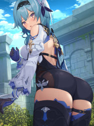 Rule 34 | 1girl, absurdres, aqua hair, artist request, ass, bare shoulders, black thighhighs, blush, breasts, commission, eula (genshin impact), from behind, genshin impact, gloves, hairband, highres, large breasts, long hair, looking at viewer, open mouth, pixiv commission, shiny clothes, shiny skin, short shorts, shorts, sideboob, solo, thighhighs, thighs, unitard, yellow eyes