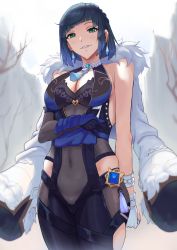 Rule 34 | 1girl, black gloves, black hair, blue dress, blue hair, bracelet, breasts, cleavage, clothes lift, clothing cutout, covered navel, diagonal bangs, dice, dress, earrings, elbow gloves, feather-trimmed jacket, fingerless gloves, genshin impact, gloves, green eyes, highres, jacket, jacket on shoulders, jewelry, large breasts, looking at viewer, mikame v2, neck tassel, parted lips, pelvic curtain, pelvic curtain lift, short hair, single elbow glove, sleeveless, sleeveless dress, smile, solo, vision (genshin impact), white gloves, white jacket, yelan (genshin impact)