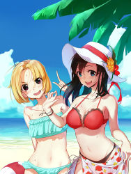 Rule 34 | &gt;:d, 2girls, :d, beach, bikini, black hair, blonde hair, blue bikini, blue sky, blush, bracelet, breasts, cleavage, cloud, day, fang, hat, highres, jewelry, large breasts, long hair, looking at viewer, multiple girls, navel, o-ring, o-ring top, open mouth, original, outdoors, palm tree, red bikini, red eyes, sarong, short hair, sky, small breasts, smile, sun hat, swimsuit, teeth, tree, v-shaped eyebrows, wu (4401153)