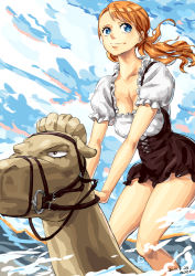 Rule 34 | 1girl, alsea, animal, artist name, bare arms, bare legs, blouse, blue eyes, bodice, breasts, camel, cleavage, cloud, cloudy sky, cross-laced clothes, dated, day, dirndl, eyelashes (one piece), frills, german clothes, looking afar, looking to the side, medium breasts, nami (one piece), no pants, one piece, orange hair, puffy short sleeves, puffy sleeves, riding, shirt, short sleeves, sky, smile, snout, solo, standing, swimming, twintails, water, white shirt