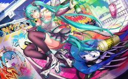 Rule 34 | 1girl, aqua hair, bad id, bad pixiv id, detached sleeves, graffiti, green eyes, green hair, grin, hatsune miku, infukun, inline skates, long hair, matching hair/eyes, outstretched arms, roller skates, shiteyan&#039;yo, skates, skirt, smile, solo, spray paint, spread arms, thighhighs, twintails, very long hair, vocaloid