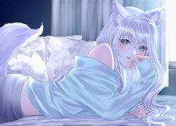 Rule 34 | 1girl, absurdres, animal ear fluff, animal ears, blue eyes, blue shirt, blush, cat ears, cat girl, cat tail, commentary request, curtains, cushion, grey hair, grey pants, highres, indoors, light particles, long hair, long sleeves, looking at viewer, lying, noripro, off shoulder, on bed, on stomach, pants, parted lips, shirayuki mishiro, shirt, sleeves past wrists, smile, solo, tail, upper body, virtual youtuber, yuri kyanon