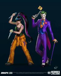 1boy 1girl batman_(series) black_background black_footwear black_hair black_shirt blue_streaks cane dc_comics english_text flower formal_clothes glass_shard green_hair gun highres holding holding_cane holding_gun holding_weapon jacket lipstick long_hair looking_at_viewer makeup multicolored_hair official_art orange_pants pants phil-g-ramsay pink_flower pink_rose ponytail prison_clothes punchline_(dc) purple_jacket purple_pants purple_suit rose shirt simple_background smile suit the_joker weapon