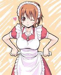 Rule 34 | 1girl, apron, breasts, brown eyes, brown hair, dressing, futaba channel, hair up, heart, kudoi, large breasts, looking at viewer, maid, maid apron, maid cap, nijiura maids, one eye closed, solo, takayaki, tying, wink