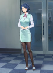 Rule 34 | 1girl, blue hair, breasts, brown pantyhose, full body, green skirt, green vest, hair ornament, hairclip, highres, indoors, jewelry, large breasts, long hair, long sleeves, mole, mole under eye, neck ribbon, office lady, original, pantyhose, parted lips, pencil skirt, red ribbon, ribbon, ring, sandals, shiny clothes, shirt, skirt, solo, standing, vest, white shirt, yewang19