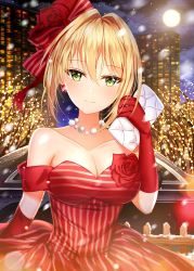 Rule 34 | 1girl, absurdres, bare shoulders, bare tree, blush, breasts, car, collarbone, dress, elbow gloves, fate/grand order, fate (series), flower, full moon, gloves, green eyes, hair between eyes, highres, holding, jewelry, junpaku karen, large breasts, limousine, looking at viewer, moon, motor vehicle, necklace, nero claudius (fate), nero claudius (fate) (all), nero claudius (fate/extra), night, night sky, off shoulder, official alternate costume, outdoors, red dress, red flower, red gloves, red rose, rose, short hair, sidelocks, sky, smile, snow, snowing, solo, striped clothes, striped dress, tree, upper body