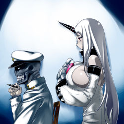 Rule 34 | 10s, 1boy, 1girl, abyssal admiral (kancolle), abyssal ship, admiral (kancolle), blue eyes, breasts, chair, chocolate, claws, detached sleeves, dress, hands on own chest, hat, horns, huge breasts, kantai collection, long hair, looking at another, military, military uniform, naval uniform, npqhytt12, parted lips, pen, red eyes, ribbed sweater, seaport princess, single horn, sitting, skull, standing, sweat, sweater, tabigarasu (mahjong yuugen gaisha 58), uniform, valentine, white dress, white hair