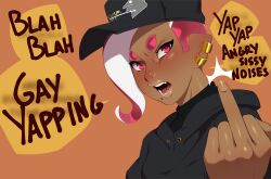 Rule 34 | 1boy, absurdres, black hat, black hoodie, combos &amp; doodles, dark-skinned male, dark skin, earrings, english text, gold earrings, hat, highres, hood, hoodie, jewelry, looking at viewer, middle finger, mole, mole under mouth, nintendo, octoling, open mouth, orange background, pink eyes, pink hair, pointy ears, simple background, solo, speech bubble, splatoon (series), takoko yakisoba (combos &amp; doodles), teeth, tentacle hair, trap, upper body