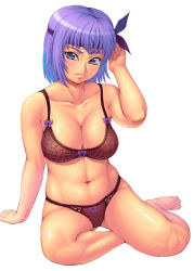 Rule 34 | 1girl, arm support, ayane (doa), barefoot, blue eyes, blue hair, blush, bra, breasts, cleavage, dead or alive, headband, kasanui, large breasts, lingerie, looking at viewer, matching hair/eyes, muscular, navel, panties, purple eyes, purple hair, short hair, sitting, solo, tecmo, underwear, underwear only, yokozuwari