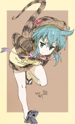 Rule 34 | 1girl, aqua hair, artist name, black footwear, brown background, brown jacket, closed mouth, commentary, erakin, geta, green eyes, hands in pockets, highres, hood, hood up, hoodie, jacket, kemono friends, leaning forward, leg up, light frown, long sleeves, pink ribbon, ribbon, running, short hair, signature, simple background, snake tail, solo, standing, standing on one leg, striped clothes, striped hoodie, striped tail, tail, traditional media, tsuchinoko (kemono friends), v-shaped eyebrows