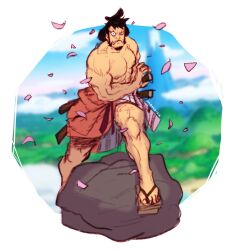 Rule 34 | 1boy, abs, bara, black hair, cherry blossoms, clothes down, facial hair, falling petals, fighting stance, frown, goatee, highres, japanese clothes, kimono, kinemon, large pectorals, looking at viewer, male focus, manlymomo, muscular, muscular male, nipples, one piece, open clothes, open kimono, pectorals, petals, ready to draw, short hair, solo, standing, topknot, topless male, uneven eyes, unfinished
