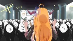 Rule 34 | !?, 1girl, ahoge, black jacket, black pants, black suit, bow, bowing, bowtie, collared shirt, commentary request, diagonal-striped bow, dragon girl, dragon horns, emoticon, formal, from behind, hands up, highres, hololive, horns, jacket, kiryu coco, long hair, long sleeves, looking at another, multiple boys, orange hair, outdoors, pants, shirt, striped, striped bow, suit, sweatdrop, upper body, virtual youtuber, white shirt, yuyaiyaui