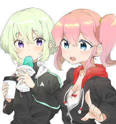 Rule 34 | 1boy, 1girl, absurdres, aina ardebit, black hoodie, blonde hair, blue eyes, blush, breasts, cleavage, coffee cup, cup, disposable cup, food, highres, holding, holding cup, holding food, hood, hoodie, lio fotia, medium breasts, pink hair, pointing, popsicle, promare, purple eyes, short hair, side ponytail, sidelocks, simple background, sweatdrop, trap, tyooka3244, white background, wrapper