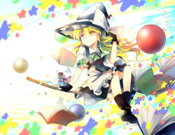 Rule 34 | 1girl, apron, bamboo broom, black gloves, blonde hair, book, bow, broom, broom riding, candy, dena.ei, fingerless gloves, flying, food, gloves, gradient background, hat, hat bow, kirisame marisa, konpeitou, open book, puffy short sleeves, puffy sleeves, shirt, short sleeves, sidesaddle, skirt, skirt set, solo, star (symbol), touhou, vest, waist apron, witch hat