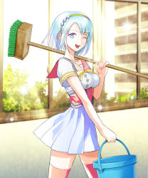 Rule 34 | 1girl, blue eyes, blue hair, breasts, bucket, cleaning brush, headband, kuroi nyan, matching hair/eyes, official art, one eye closed, open mouth, original, over shoulder, pink thighhighs, senjou no electro girl, solo, sparkle, thighhighs, window