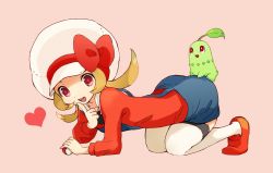Rule 34 | 00s, 1girl, :d, all fours, cabbie hat, chikorita, creatures (company), finger to mouth, game freak, gen 2 pokemon, hat, hat ribbon, heart, holding, holding poke ball, lyra (pokemon), nintendo, open mouth, overalls, poke ball, pokemon, pokemon (creature), pokemon hgss, red eyes, red ribbon, ribbon, saburou 03, sexually suggestive, smile, tagme, twintails