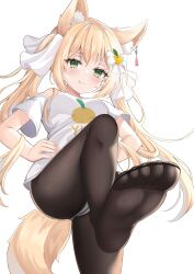 Rule 34 | 1girl, absurdres, animal ear fluff, animal ears, ass, blonde hair, blush, bow, breasts, earrings, feet, female focus, fingernails, foot focus, foreshortening, fox ears, fox girl, fox tail, from below, green eyes, hands on own hips, highres, jewelry, kurashina yuzuki, licking lips, long hair, looking at viewer, medium breasts, multicolored hair, nail polish, panties, panties under pantyhose, pantyhose, pink nails, presenting foot, puzzle &amp; dragons, simple background, smile, solo, standing, standing on one leg, tail, toe seam, toes, tongue, tongue out, two-tone hair, underwear, very long hair, white background
