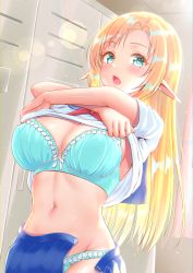 Rule 34 | 1girl, ayase-mio, blonde hair, blue bra, blue eyes, blue panties, blue skirt, bra, breasts, clothes lift, commentary request, elf, highres, indoors, large breasts, lifting own clothes, locker, locker room, long hair, long pointy ears, navel, open clothes, open skirt, original, panties, pleated skirt, pointy ears, school uniform, serafuku, shirt, shirt lift, short sleeves, skirt, solo, underwear, undressing, white shirt