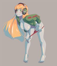 Rule 34 | 1girl, android, bad id, bad pixiv id, barefoot, bent over, bikini, bikini bottom only, bikini bottom pull, blush, borrowed character, breasts, colored skin, commentary, curly brace, dark nipples, doukutsu monogatari, ear protection, english commentary, full body, green eyes, green jacket, grey background, hanging breasts, highres, jacket, joints, large breasts, long hair, looking at viewer, nail polish, navel, nipples, open clothes, open jacket, pulled by self, red bikini, red nails, robot joints, smile, solo, squeezable (squeezabledraws), swimsuit, thick eyebrows, toenail polish, toenails, toes, topless, white skin