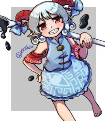 Rule 34 | 1girl, bare legs, barefoot, blue skirt, blue vest, breasts, curly hair, detached sleeves, earrings, eye print, frilled skirt, frills, hand on own hip, highres, holding, holding spork, horizontal pupils, horn ornament, horn ribbon, horns, jewelry, leaning forward, mandarin collar, meandros, one-hour drawing challenge, oversized object, patterned clothing, pointy ears, rectangular pupils, red eyes, red horns, red sleeves, renshirenji, ribbon, sharp teeth, sheep horns, skirt, small breasts, spork, standing, teeth, toes, touhou, toutetsu yuuma, utensil, vest, white hair