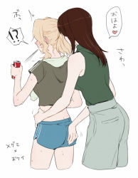Rule 34 | !?, 2girls, ass grab, blonde hair, blue shorts, blush, brown hair, can, character request, commentary request, cropped legs, ear blush, from behind, girls und panzer, green shirt, holding, holding can, long hair, megumi (girls und panzer), midriff, multiple girls, shirt, short shorts, short sleeves, shorts, sleeveless, sleeveless shirt, spoken interrobang, sweat, towel, towel around neck, translation request, white background, yuri, yuuhi (arcadia)