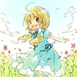 Rule 34 | 1girl, :d, ahoge, blonde hair, blue dress, blue ribbon, brown eyes, collared dress, commentary request, dated commentary, day, dress, feet out of frame, field, flower, flower field, frilled sleeves, frills, green ribbon, hair tubes, long hair, looking at viewer, lowres, no sclera, open mouth, original, outdoors, pink flower, puffy short sleeves, puffy sleeves, rakuni, ribbon, short sleeves, smile, solo, teeth, twintails, upper teeth only, wind