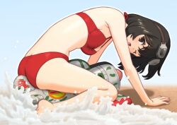 Rule 34 | 1girl, aircraft, airplane, all fours, ass, azumasix, barefoot, between buttocks, bikini, black hair, breasts, brown eyes, butt crack, cleavage, goggles, goggles on head, inflatable toy, kirie (kouya no kotobuki hikoutai), kouya no kotobuki hikoutai, medium breasts, one eye closed, red bikini, short hair, solo, swimsuit, waves