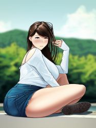 Rule 34 | 1girl, absurdres, artist name, backless outfit, bad id, bad pixiv id, blush, bra strap, breasts, brown eyes, brown hair, crossed legs, cutoffs, day, denim, denim shorts, highres, large breasts, long hair, looking at viewer, looking to the side, no nose, original, outdoors, parted bangs, parted hair, parted lips, pocket, ruffling hair, shirt, shirt tucked in, shoes, shorts, sitting, sneakers, solo, thick thighs, thighs, toroboro, tree, tsurime, white shirt