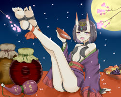 Rule 34 | 1girl, alcohol, arm support, barefoot, black hair, blush, cherry blossoms, fangs, fate/grand order, fate (series), feet, feet up, food, fruit, horns, looking at viewer, makeup, moon, open mouth, purple eyes, sake, short hair, shuten douji (fate), sitting, soles, tagme, toes