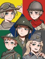 Rule 34 | 5girls, bandages, bandaid, bandaid on face, blonde hair, blue eyes, brown eyes, brown hair, dog tags, goggles, goggles on headwear, green eyes, hat, hearts of iron, helmet, highres, jewelry, kaiserreich, long hair, military hat, multiple girls, pith helmet, pzkpfwi, red hair, ring, short hair