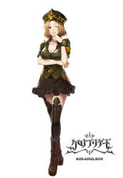 Rule 34 | 1girl, 2018, armband, black skirt, black thighhighs, blonde hair, boots, breasts, brown footwear, cleavage, collarbone, copyright name, copyright request, dress shirt, frilled skirt, frills, full body, gabiran, green hat, hat, looking at viewer, medium breasts, official art, one eye closed, parted lips, red eyes, shirt, short hair, short sleeves, simple background, skirt, smile, solo, standing, thighhighs, white background, zettai ryouiki