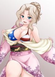 Rule 34 | 1girl, american flag bikini, american flag print, artist name, bikini, bikini under clothes, blonde hair, blue eyes, blush, breasts, cleavage, commentary, covered erect nipples, flag print, girls und panzer, gradient background, grey background, hair intakes, hair up, head tilt, japanese clothes, kay (girls und panzer), kimono, kimono pull, large breasts, leg up, long sleeves, looking at viewer, medium hair, obi, open mouth, pink kimono, ponytail, print bikini, pulling own clothes, sash, signature, smile, solo, standing, swimsuit, undressing, wide sleeves, yts takana