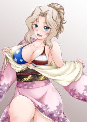 1girl american_flag american_flag_bikini american_flag_print artist_name bikini bikini_under_clothes blonde_hair blue_eyes blush breasts cleavage commentary covered_erect_nipples female_focus flag_print girls_und_panzer gradient_background grey_background hair_intakes hair_up head_tilt japanese_clothes kay_(girls_und_panzer) kimono kimono_pull large_breasts leg_up long_sleeves looking_at_viewer medium_hair obi open_mouth pink_kimono ponytail print_bikini pulling_own_clothes sash signature smile solo standing swimsuit undressing wide_sleeves yts_takana