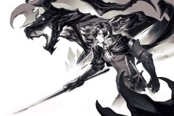 Rule 34 | 1boy, black cape, black hair, cape, clive rosfield, closed mouth, commentary request, cowboy shot, facial hair, facial tattoo, final fantasy, final fantasy xvi, gauntlets, greyscale, highres, holding, holding sword, holding weapon, ifrit (final fantasy), kou jia, messy hair, monochrome, pants, popped collar, short hair, size difference, sword, tattoo, v-neck, vest, weapon, white background