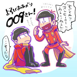 Rule 34 | 10s, 2boys, black hair, boots, brothers, cosplay, cyborg 009, fukuyama jun, gradient background, heart, heart in mouth, hugging own legs, jitome, knee boots, legs together, looking up, male focus, matsuno ichimatsu, matsuno osomatsu, multiple boys, osomatsu-kun, osomatsu-san, penguin (p-cap2525), pointing, pointing at self, sakurai takahiro, scarf, shimamura joe, shimamura joe (cosplay), siblings, simple background, sitting, voice actor connection