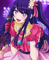Rule 34 | 1girl, :d, belt, black belt, blush, brooch, commentary, crowd, dress, fangs, frilled dress, frilled gloves, frills, gloves, glowstick, hair ornament, hair ribbon, hands up, heart, heart brooch, highres, holding, holding microphone, hoshino ai (oshi no ko), idol, idol clothes, jewelry, long hair, looking at viewer, microphone, one side up, open mouth, oshi no ko, pink dress, pink gloves, pink ribbon, poisicle, purple eyes, rabbit hair ornament, ribbon, romaji commentary, sidelocks, sleeveless, sleeveless dress, smile, solo, star-shaped pupils, star (symbol), star hair ornament, symbol-shaped pupils, teeth, turtleneck, turtleneck dress