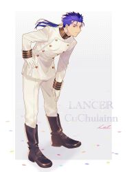Rule 34 | 1boy, alternate costume, beads, bent over, black footwear, blue hair, boots, buttons, character name, closed mouth, commentary, cu chulainn (fate), earrings, english commentary, fate (series), floating hair, full body, gloves, grin, hair beads, hair ornament, hal (haaaalhal), hand on own hip, hand on own knee, highres, jacket, jewelry, long hair, male focus, pants, ponytail, red eyes, signature, smile, solo, spiked hair, white gloves, white jacket, white pants, wrist cuffs