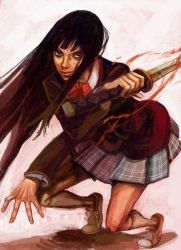 Rule 34 | 1girl, black hair, blood, female focus, full body, gogo yubari, katana, kill bill, school uniform, solo, sword, weapon, yuubari gogo