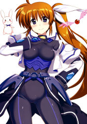 Rule 34 | 1girl, :x, absurdres, ahoge, armor, belt, black bodysuit, black cape, black jacket, blue neckwear, blush, blush stickers, bodysuit, bow, bowtie, breasts, cape, cosplay, cropped jacket, energy wings, eyes visible through hair, fujima takuya, gluteal fold, hair between eyes, hair ribbon, hand on own chest, hand on own hip, highres, impossible bodysuit, impossible clothes, jacket, juliet sleeves, large breasts, long hair, long sleeves, looking at viewer, lyrical nanoha, mahou shoujo lyrical nanoha vivid, multicolored clothes, multicolored jacket, official art, print bodysuit, puffy sleeves, purple eyes, raising heart, raising heart (standby mode), red eyes, ribbon, sacred heart, scan, shiny clothes, side ponytail, simple background, single stripe, smile, stuffed animal, stuffed rabbit, stuffed toy, takamachi nanoha, vivio, vivio (cosplay), waist cape, white background, white jacket, white ribbon