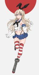 Rule 34 | 1girl, black neckerchief, black panties, blonde hair, blue eyes, blue sailor collar, blue skirt, breasts, elbow gloves, gloves, hair between eyes, hairband, highleg, highleg panties, kantai collection, leg up, long hair, midriff, miniskirt, navel, neckerchief, panties, rin (rin niji), sailor collar, school uniform, serafuku, shimakaze (kancolle), simple background, skirt, sleeveless, small breasts, solo, striped clothes, striped thighhighs, thighhighs, two-tone background, underwear, white gloves