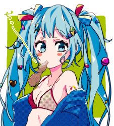 Rule 34 | 1girl, 39, 3774., aqua eyes, aqua hair, bikini, blush stickers, bottle, breasts, candy, commentary, food, food-themed hair ornament, food on hair, hair ornament, hair ribbon, halftone, hatsune miku, heart, ice cream cone, ice cream hair ornament, lollipop, long hair, looking at viewer, mouth hold, popsicle, ribbon, shoulder tattoo, small breasts, solo, swimsuit, tattoo, twintails, upper body, very long hair, vocaloid