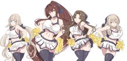 Rule 34 | 4girls, alternate costume, black gloves, black thighhighs, blue eyes, bouncing breasts, bow, braid, breasts, brown eyes, brown hair, cheerleader, choker, crop top, crown braid, female focus, gloves, hair bow, hair intakes, hands on own hips, height difference, highres, holding, holding pom poms, jintsuu (kancolle), kantai collection, ken (shutenndouji1), large breasts, light brown hair, long hair, maryland (kancolle), matching hair/eyes, midriff, miniskirt, multiple girls, navel, panties, pleated skirt, pola (kancolle), pom pom (cheerleading), pom poms, ponytail, scar, scar on arm, shirt, side-tie panties, sidelocks, simple background, size difference, skirt, sleeveless, sleeveless shirt, thighhighs, underwear, very long hair, wavy hair, white background, white shirt, white skirt, wide hips, yamato (kancolle)