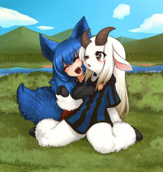 Rule 34 | 2girls, :d, ^ ^, animal ears, blonde hair, blush, brown eyes, bush, closed eyes, cloud, collarbone, day, fox ears, fox tail, full body, furry, furry female, grass, highres, hill, hooves, horns, hug, hug from behind, long hair, long sleeves, multiple girls, on ground, open mouth, original, outdoors, parted lips, river, sheep ears, sheep horns, shirt, short sleeves, sitting, sky, smile, striped clothes, striped shirt, suke (158628), tail, vertical-striped clothes, vertical-striped shirt, wariza