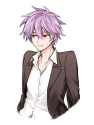 Rule 34 | 1boy, black jacket, collared shirt, commentary request, eyebrows hidden by hair, hair between eyes, highres, jacket, korean commentary, long sleeves, male focus, nervous smile, open clothes, open collar, open jacket, purple hair, red eyes, saibou shinkyoku, shirt, short hair, smile, solo, sukihome, sweat, theodore riddle, upper body, white shirt